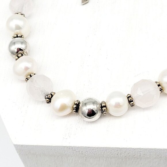 Freshwater Pearl & Faceted Quartz Beaded Bracelet Sterling Clasp & Charm 7 Inch - Picture 2 of 6